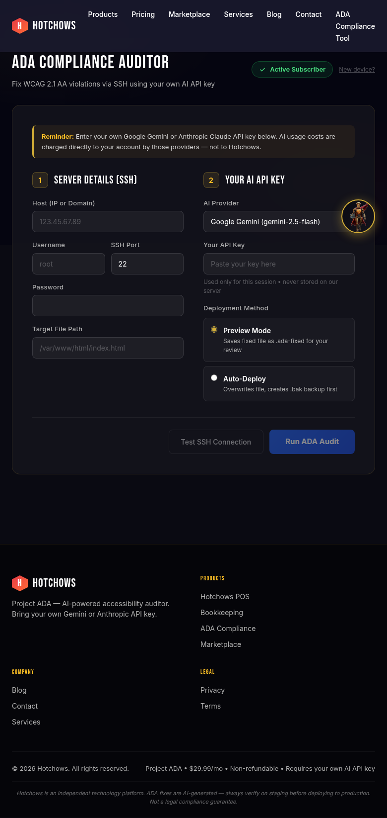 Screenshot of the ADA Compliance Auditor tool form showing SSH and AI API key fields