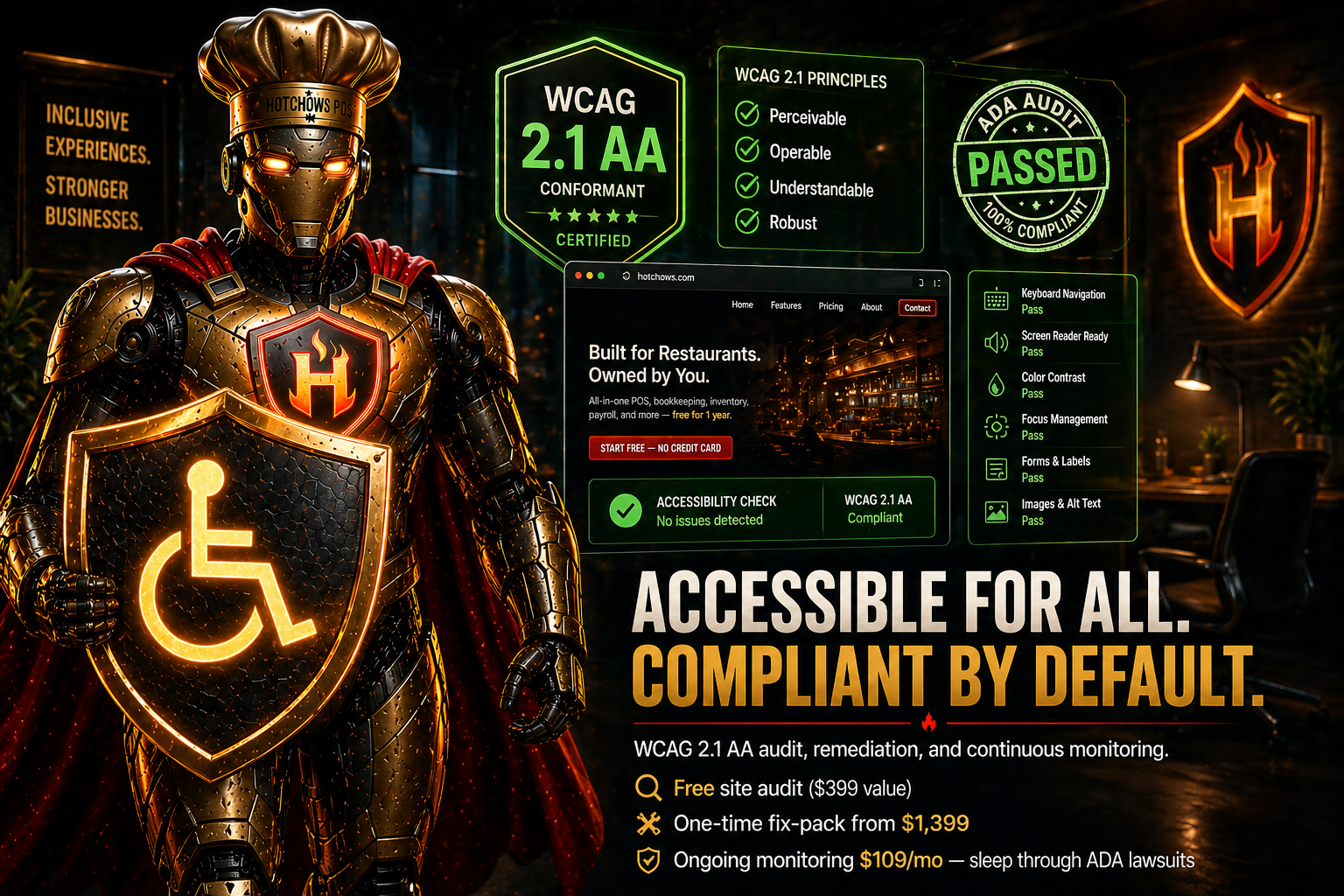 ADA Compliance — Bot holding glowing accessibility shield with WCAG 2.1 AA badge
