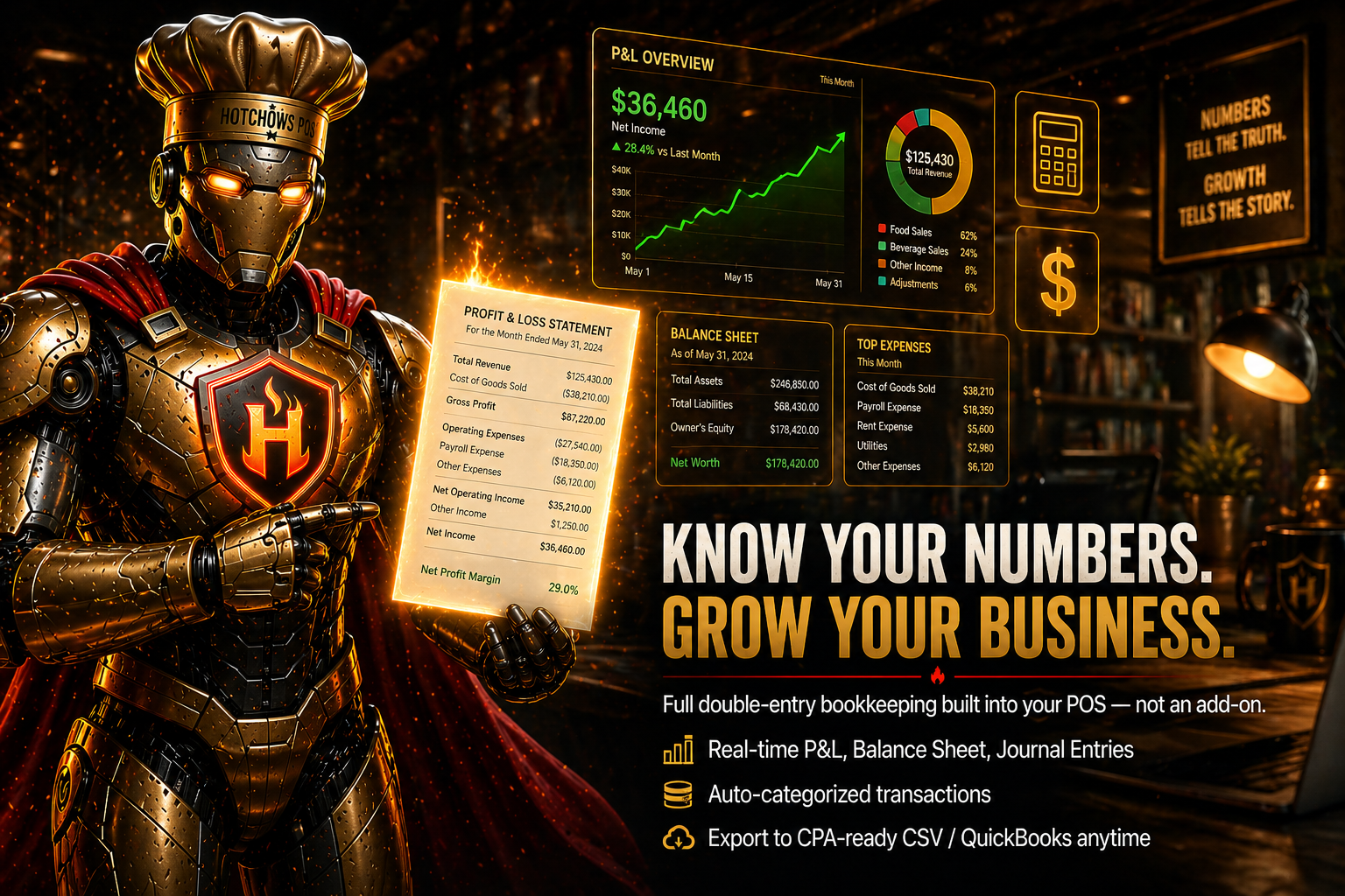 Bookkeeping — Bot holding glowing P&L statement with growth chart
