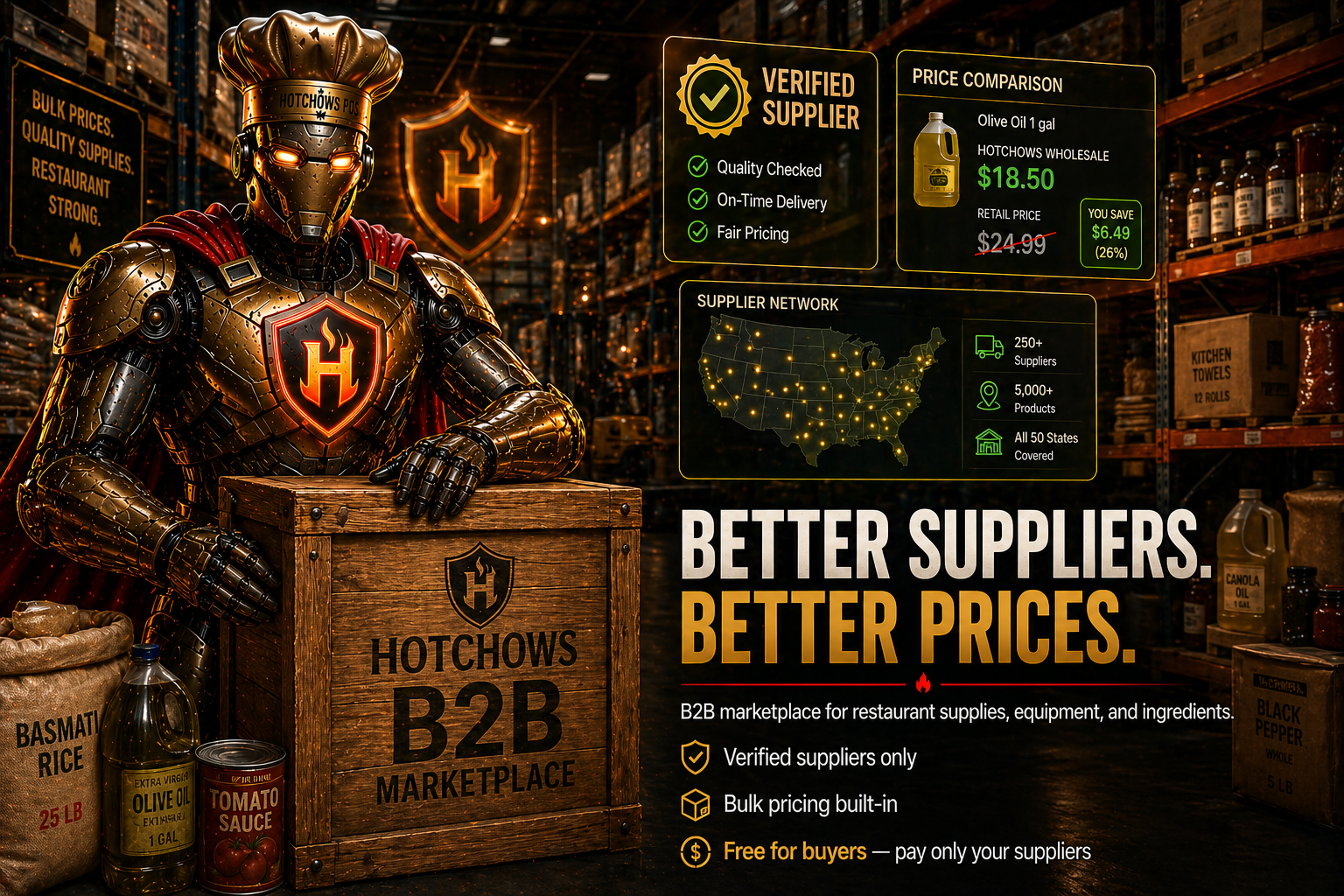 B2B Marketplace — Bot in warehouse with restaurant supply crates