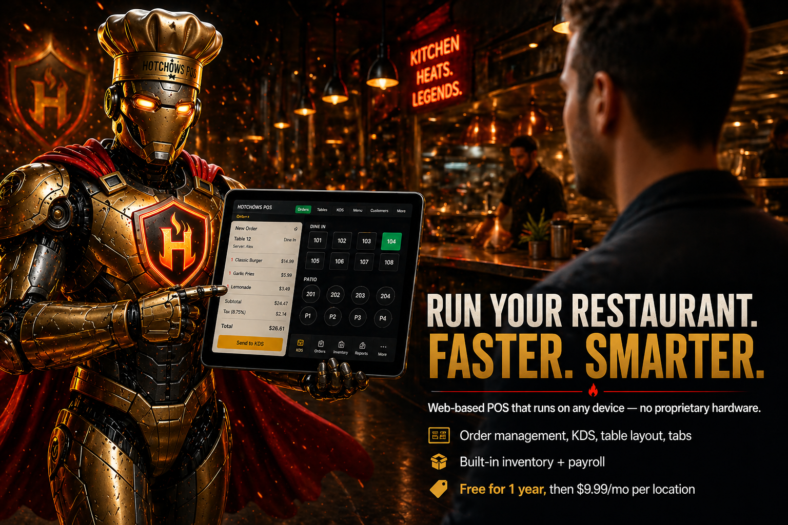 Hotchows POS — Bot showing tablet to customer in restaurant