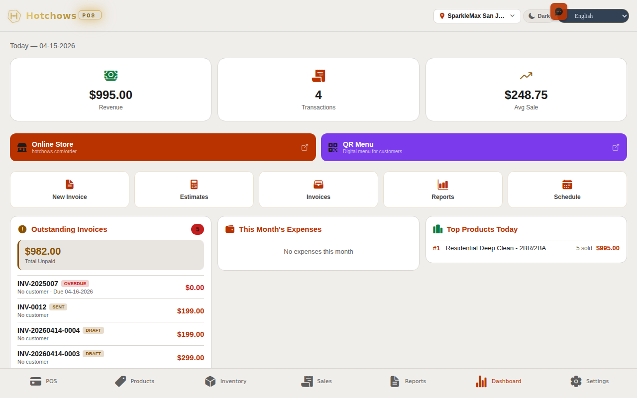 Hotchows POS Dashboard — revenue, transactions, invoices, and quick actions