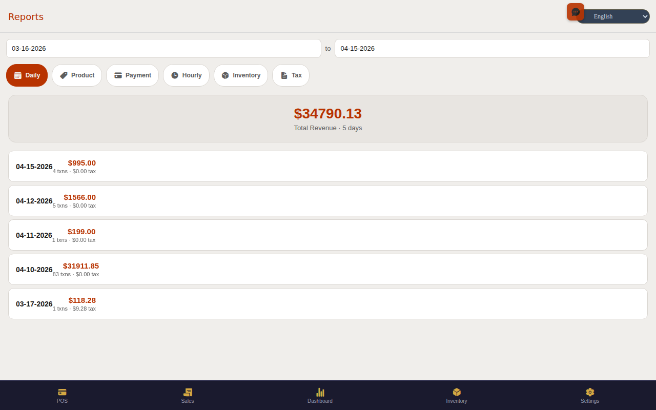 Hotchows POS Reports — daily sales, product breakdown, and tax reports