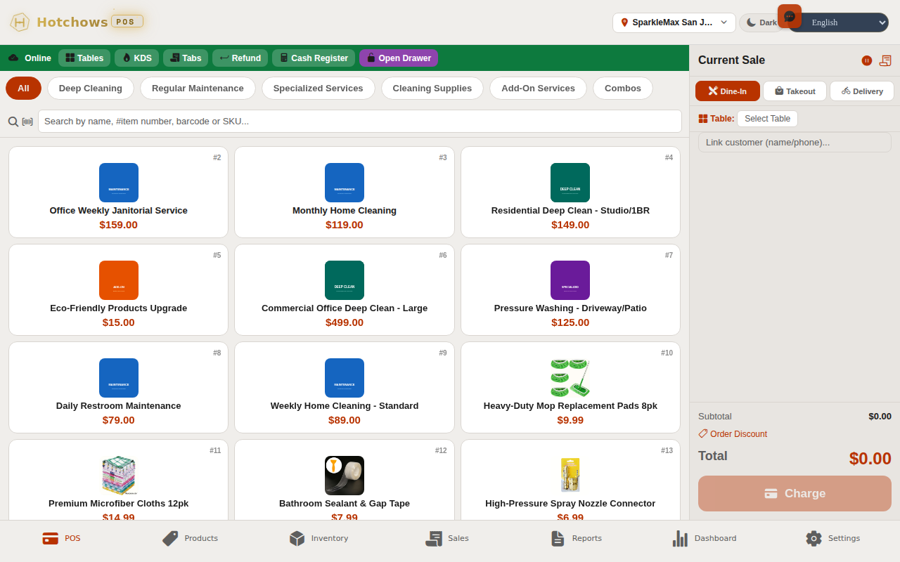 Hotchows POS Terminal — product grid with categories, search, and cart
